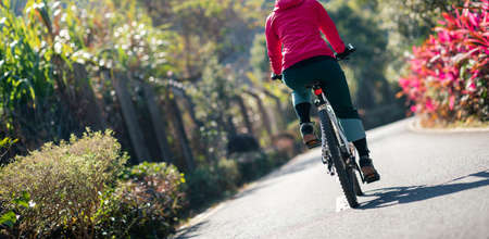 Woman cyling on spring tropical  parkの写真素材