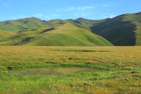 High altitude mountains with grassland landscape