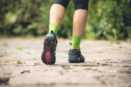 Young fitness woman hiker legs walking at forest trailの写真素材