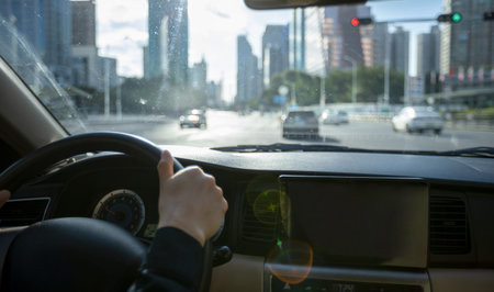 Driving car in modern city