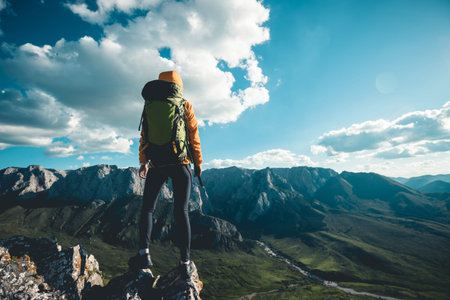 Successful woman backpacker hiking on sunset alpine mountain peak