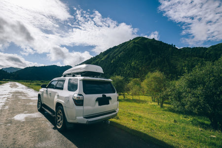 Driving off road car in high altitude forest mountains