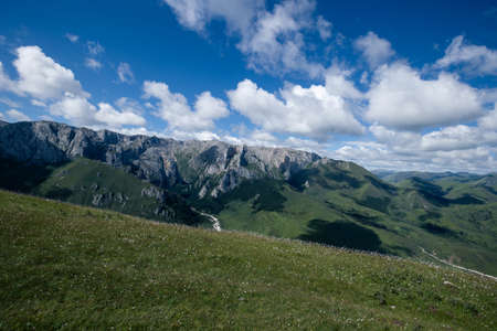 High altitude mountain landscape under blue skyの写真素材