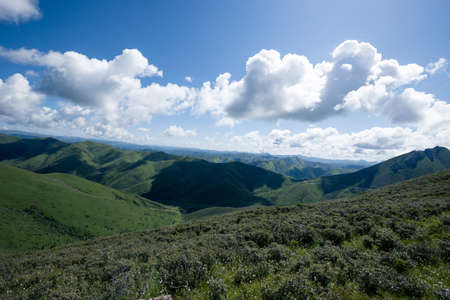 High altitude mountain landscape under blue skyの写真素材