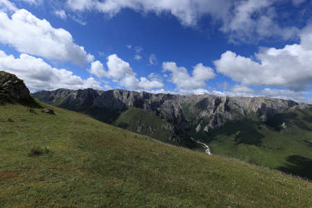 High altitude mountain landscape under blue skyの写真素材