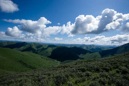 High altitude mountain landscape under blue skyの写真素材
