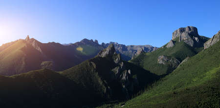 Panorama view of  high altitude grassland mountain landscapeの写真素材