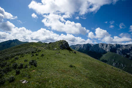High altitude mountain landscape under blue skyの写真素材