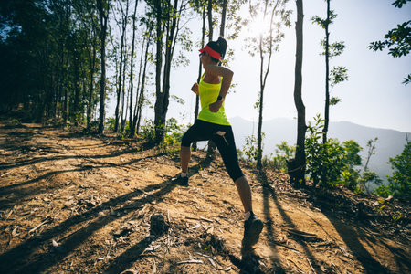 Fitness woman trail runner running on sunrise tropical forest mountain peakの写真素材