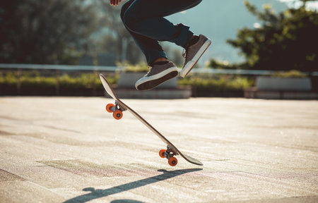 Skateboarder skateboarding outdoors in cityの写真素材
