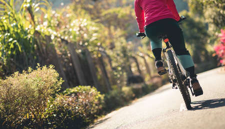 Woman riding a bike on tropical park trail in springの写真素材