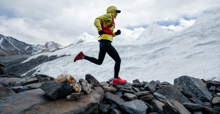 Woman trail runner cross country running up to winter snow mountain topの写真素材