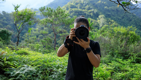 Woman photographer taking pictures in summer mountains