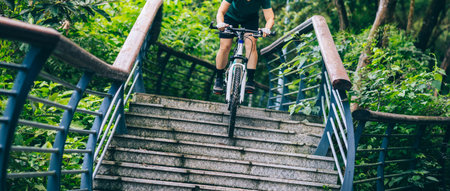 Woman freerider riding down stairs. Sports extreme and active lifestyle