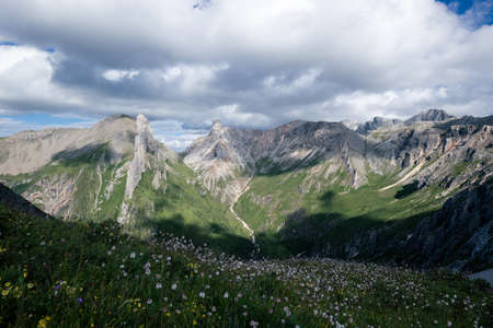 High altitude mountain landscape under blue skyの写真素材
