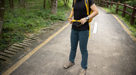 Woman hiker buckle up the waist strap of her backpack on forest trailの写真素材