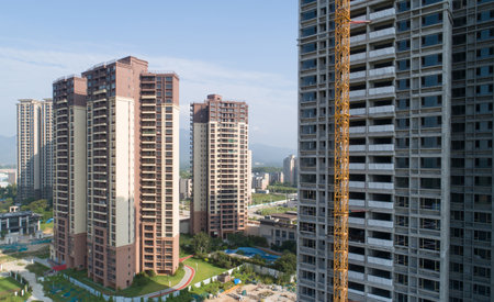 Aerial view of multistory apartment construction site in Chinaのeditorial素材