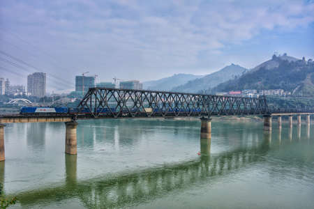 The train runs on the railway bridgeのeditorial素材