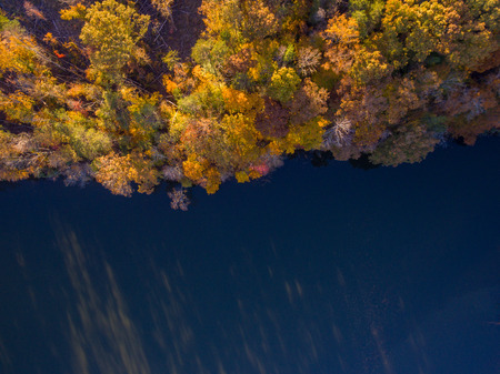 Aerial View of Fall Leaves and Colors around a Lakeの写真素材