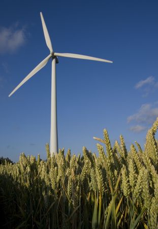 Wind turbines with a clear blue skyの写真素材