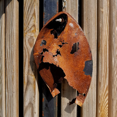Rusty old metal sign on a wooden wall. rustic backgroundの写真素材