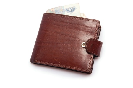 Closed wallet with money a top view on a white backgroundの写真素材