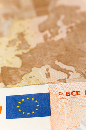 Close up of a fifty euro bill showing the european map as a macro detailの写真素材