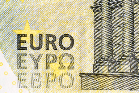 Close up of a euro bank note showing a detailed view of the words EURO, EYPO en EBPOの写真素材