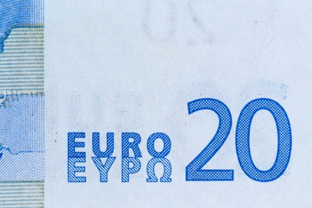 Macro shot of a twenty euro bill showing the words twenty euroの写真素材