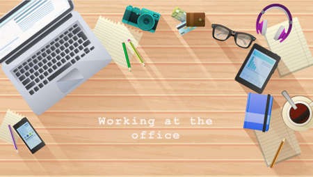 Office desk with laptop, camera, glasses, cell phone. Vector illustration.のイラスト素材