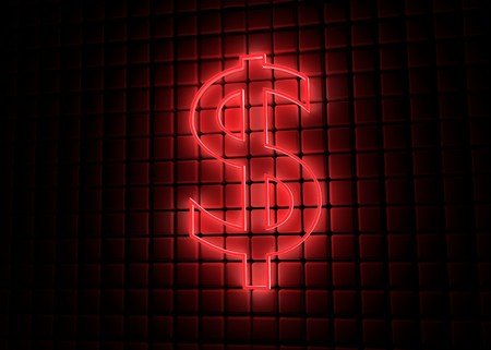 red neon symbol of dollar on abstract cube backgroundの写真素材