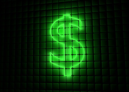 green neon symbol of dollar on abstract cube backgroundの写真素材