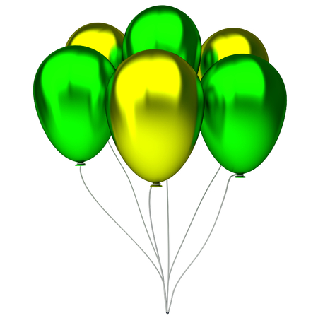 green and yellow birthday balloons isolated on white backgroundの写真素材