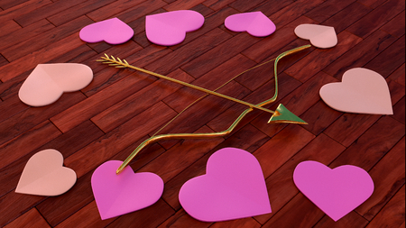 arrow and bow with heart shapes on wooden floor - 3D