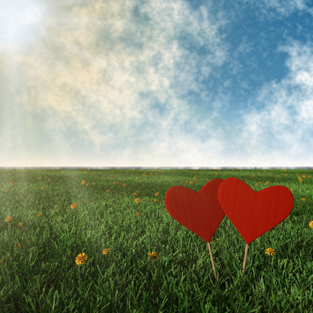 two wooden hearts with grass, sun and blue sky backgroundの写真素材