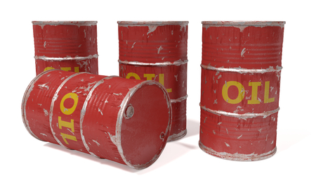 dirty worn scratched red oil barrels isolated on whiteの写真素材