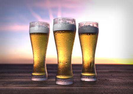 three glasses of beer on wooden desk - 3D renderの写真素材