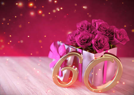 birthday concept with pink roses in gift on wooden desk. sixtieth. 60th. 3D renderの写真素材