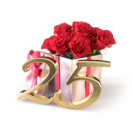 birthday concept with red roses in gift isolated on white background. twenty-fifth. 25th. 3D renderの写真素材