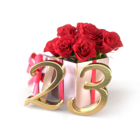 birthday concept with red roses in gift isolated on white background. twenty-third. 23rd. 3D renderの写真素材