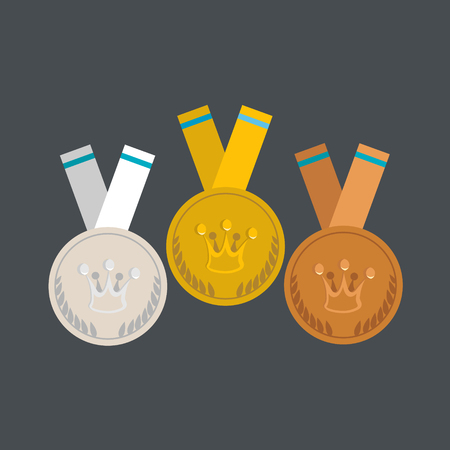 Medals flat design. Gold, silver and bronze medal with crown concept.のイラスト素材