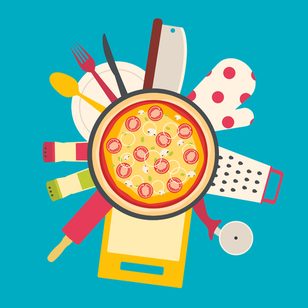 Flat design theme of cooking pizza. Kitchenware tools.のイラスト素材