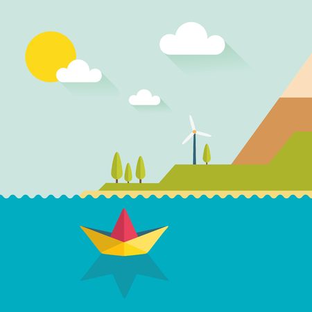 Origami paper boat in flat design with island. Summer vacation.のイラスト素材