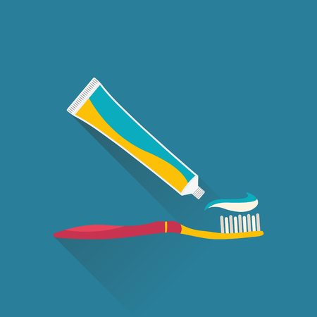 Tube of toothpaste and toothbrush. Teeth care concept. Vector flat illustration.のイラスト素材