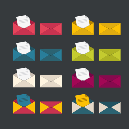 Set of closed and open envelopes. Paper document enclosed in an envelope. Flat vector icons. 
のイラスト素材