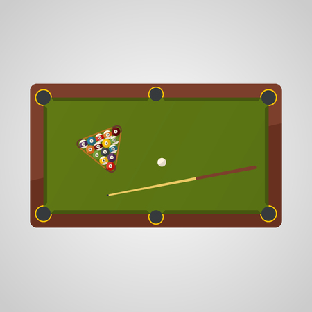 Top view of billiard table. Billiard balls and cue, billiard game sport.のイラスト素材