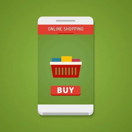 Online shopping concept. Smartphone with buy button on the screen. Flat design concept.のイラスト素材