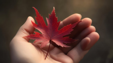 A close-up shot captures a vibrant red maple leaf held in the palm of a persons hand, showcasing the intricate details of the leaf and the texture of the skin.の素材