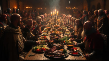 A dramatic scene of a crowded medieval banquet in a great hall. A long wooden table is filled with a lavish feast under a single beam of light and flickering candles.の素材