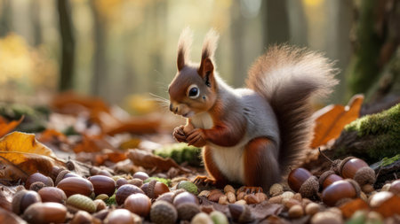 A close-up shot of a cute red squirrel holding an acorn in its paws, surrounded by fallen leaves and nuts in a forest during autumn.の素材